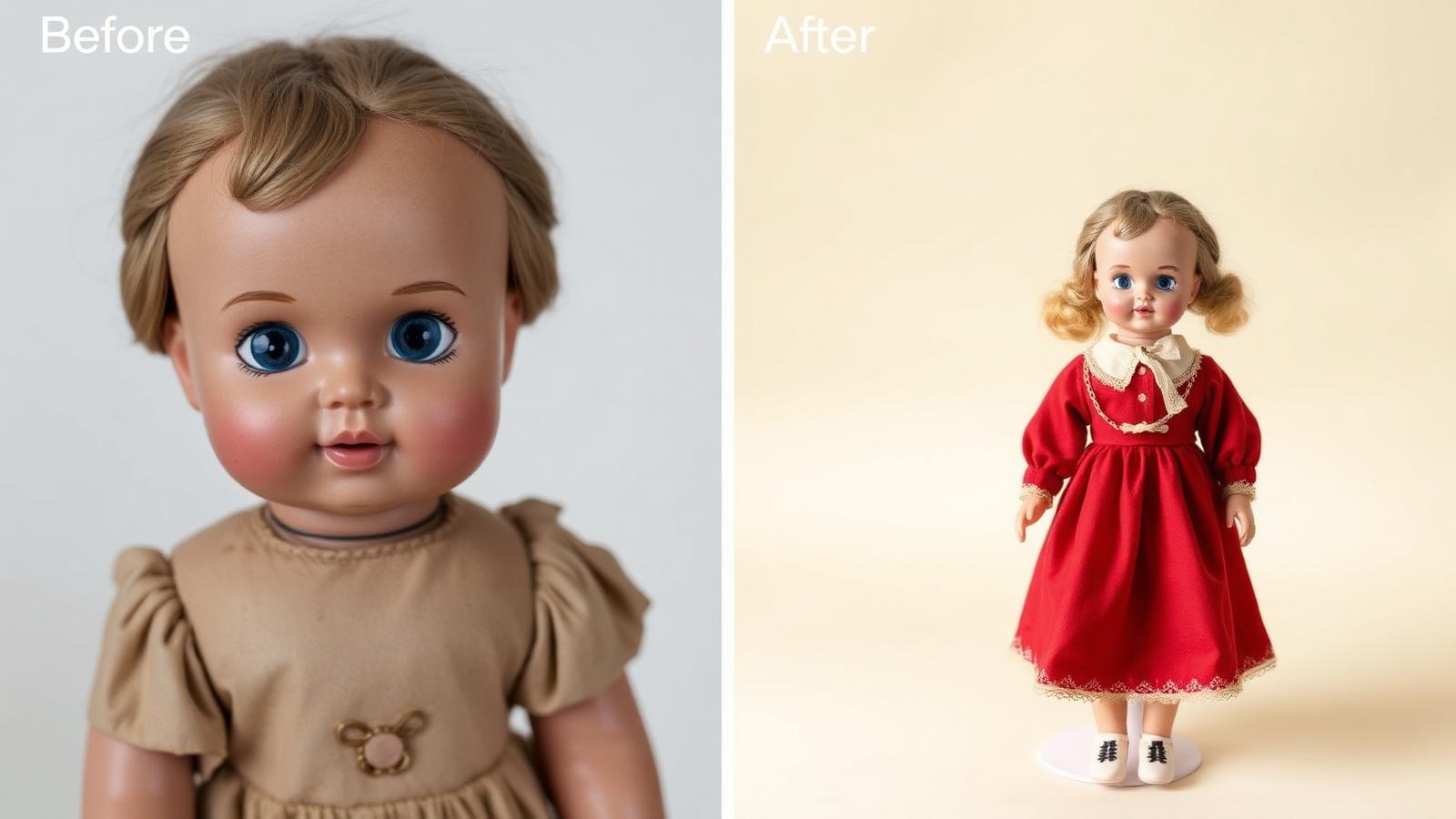 Before and after transformation of a vintage doll