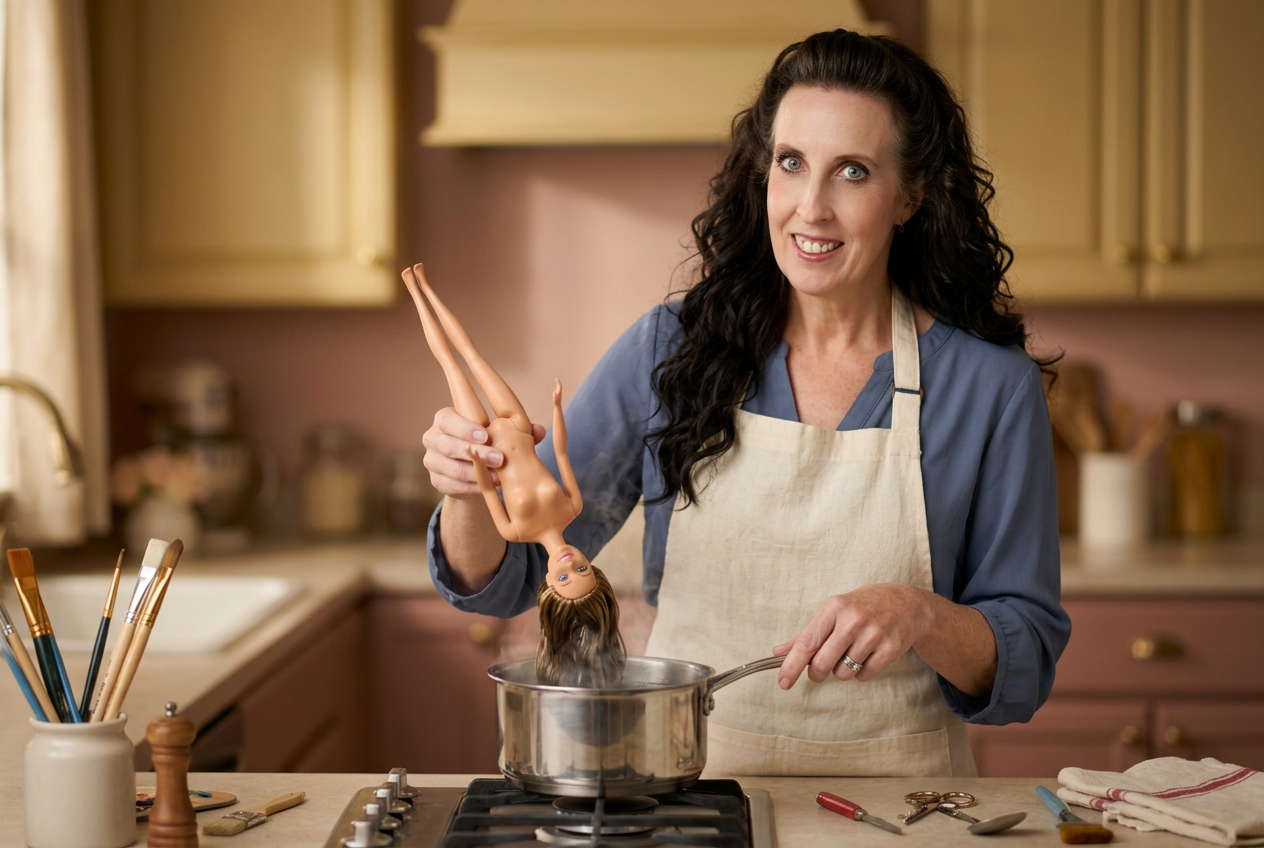 Kim Miller holding a vintage fashion doll upside down over a stockpot, only the doll's long hair submerged in gently steaming water on a soft-lit studio kitchen counter.