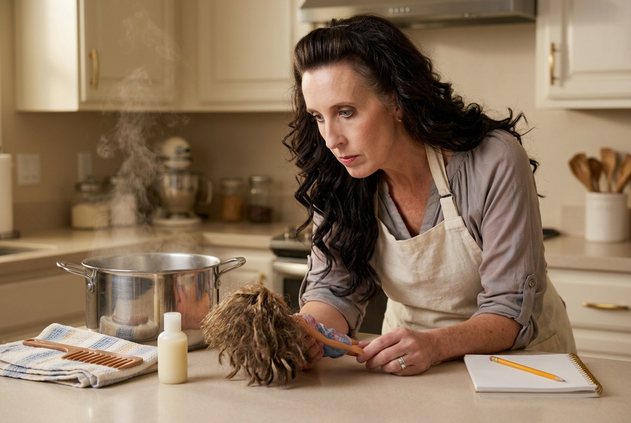 Kim Miller in her studio kitchen leaning over the counter beside a steaming stockpot, gently inspecting the tangled hair of a Barbie-sized fashion doll before her first boil wash.