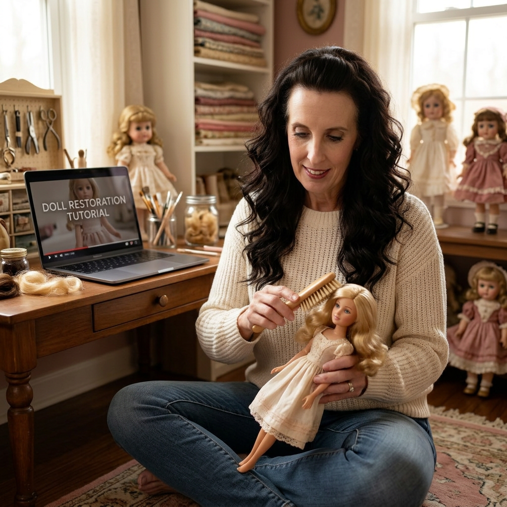 Kim Miller sitting cross-legged on a cream studio rug beside her open laptop, notebook, and swatches of doll hair, gently brushing an 11.5-inch fashion doll as she watches another artist's tutorial.