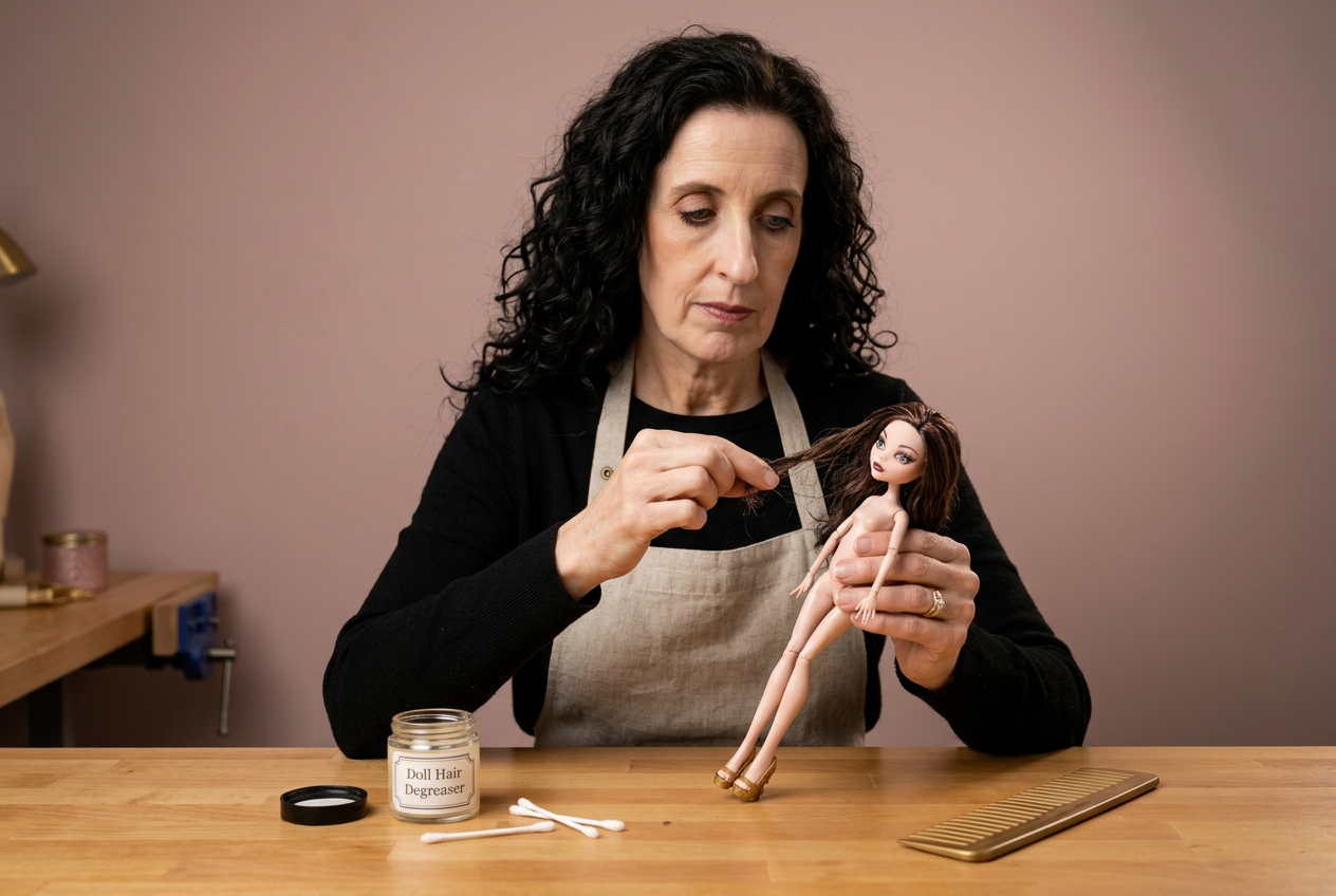 Kim Miller at a soft-lit studio workbench in a black top and linen apron, carefully inspecting a section of slightly tacky hair on an 11-inch Monster High-style articulated fashion doll, with a labeled degreaser jar, wide-tooth comb, and cotton swabs on the bench.