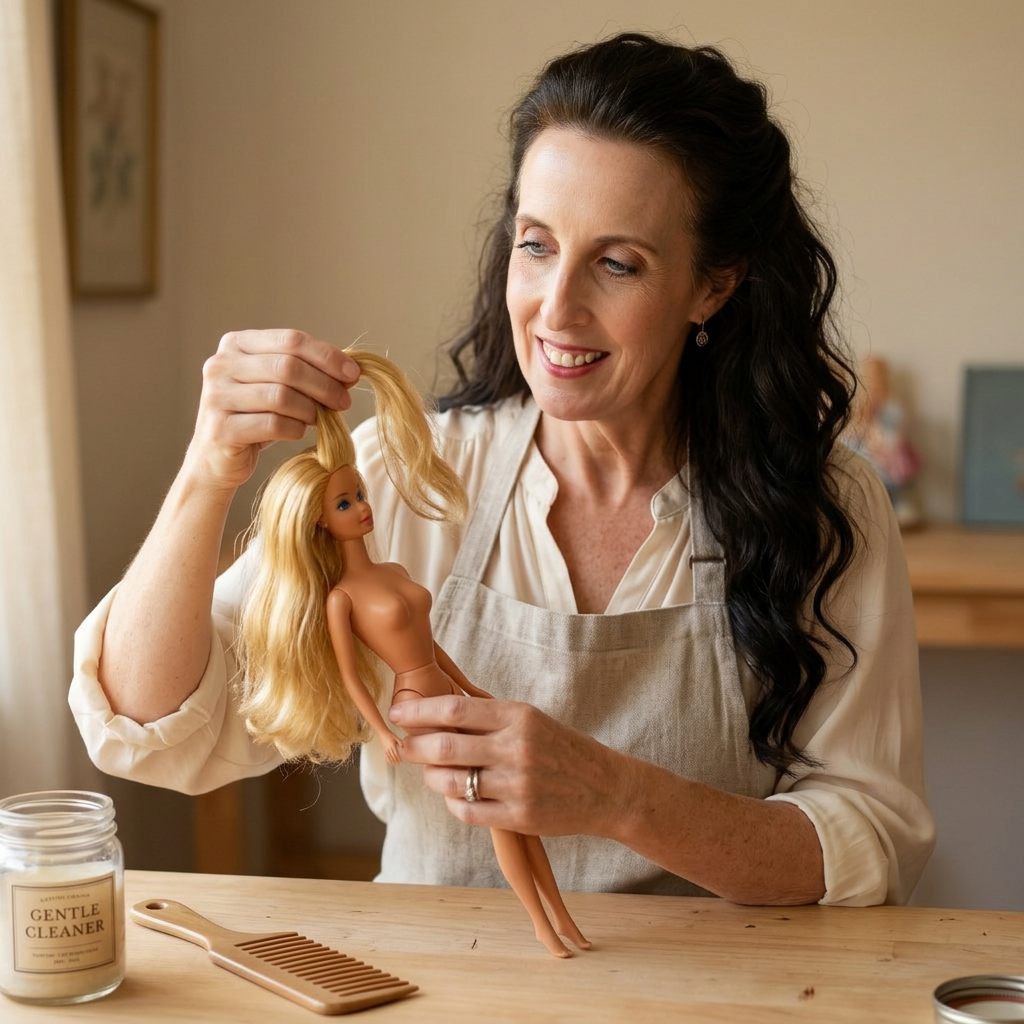Kim Miller at a soft-lit studio workbench, gently lifting the slightly tacky-feeling long hair of an 11.5-inch fashion doll to inspect it, a wide-tooth comb and a labeled jar of cleaner within reach.