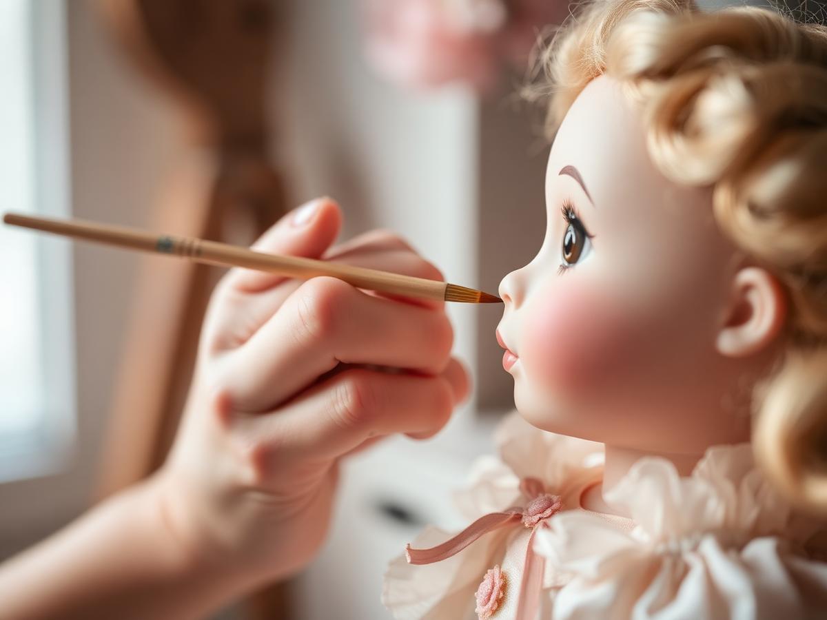 Kim delicately painting a doll's face